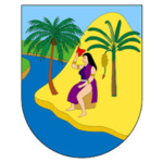 Un gráfico que representa a una mujer con un vestido morado sentada bajo palmeras junto a una playa, sosteniendo una bandera roja.