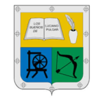 Un escudo en forma de escudo dividido en cuatro cuadrantes que presenta un libro, una pluma, una rueca, un arco y una flecha, cada uno de diferentes colores, con un borde decorativo.