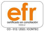 Logotipo de "efr certificado en conciliación 1000-2 co-012 icontec" con texto naranja sobre fondo blanco con borde rectangular redondeado.