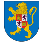 Escudo protagonizado por un león dorado que sostiene un escudo de cuatro cuadrantes, dos con castillos y dos con leones, sobre fondo azul.