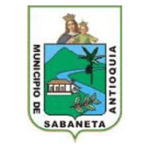 Sello oficial del municipio de sabaneta, antioquia, que presenta un escudo con un paisaje rural, un tren y un santo con un niño, bordeado por el nombre del lugar.