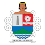 Escudo con un nativo, un faro y sol sobre montañas y olas, con el texto "municipio de itagüí" debajo.