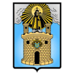 Escudo formado por una torre con un santo sosteniendo un bastón, con un rayo de sol detrás, sobre un escudo azul y blanco.