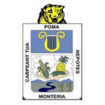 Escudo que representa un león, una lira y una escena con una palmera, un río y una piña, con texto "poma", "carpeant tua nepotes" y "monteria".