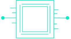 Ícono gráfico de un microchip con "01" en el centro, rodeado por líneas de conexión de circuito sobre un fondo verde azulado.