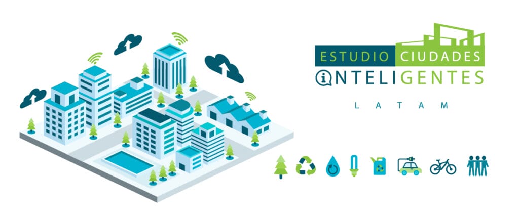 Ilustración isométrica de una ciudad inteligente con edificios, árboles e íconos de transporte conectados, junto al logo de "estudio ciudades inteligentes latam".