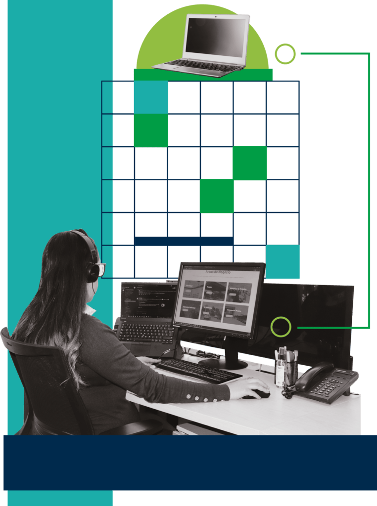 Mujer con auriculares trabajando en una computadora con varios monitores en una oficina con elementos de diseño gráfico superpuestos.