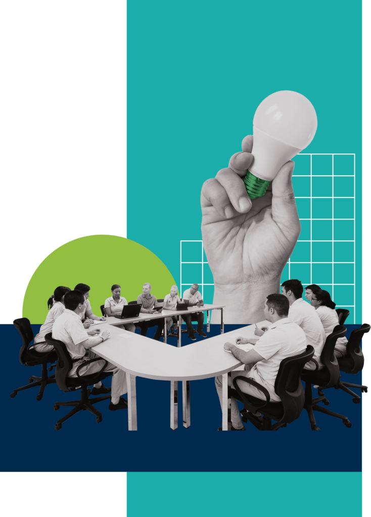 Una ilustración gráfica que muestra una mano sosteniendo una bombilla sobre una escena de reunión corporativa, todo ello sobre un fondo abstracto azul y verde azulado.