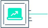 Ícono gráfico de una computadora portátil con una flecha con tendencia ascendente en la pantalla, enmarcada dentro de un borde azul oscuro, que simboliza el crecimiento o el progreso en la tecnología.