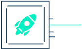 Un gráfico simple del lanzamiento de un cohete azul, representado dentro de un marco cuadrado oscuro con un rastro azul claro que se extiende hacia la derecha.