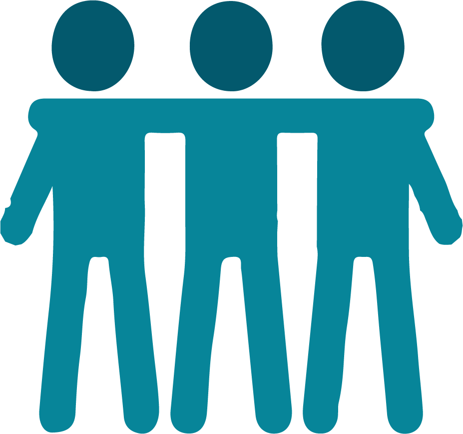Tres figuras azules estilizadas e interconectadas que representan la unidad o el trabajo en equipo.