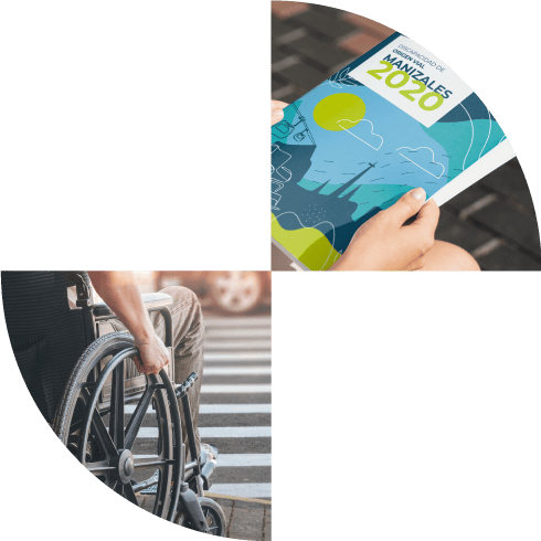 Imagen dividida: a la izquierda, manos sosteniendo un libro titulado "ventas anuales 2020" con una portada abstracta; a la derecha, una persona en silla de ruedas subiendo una escalera.