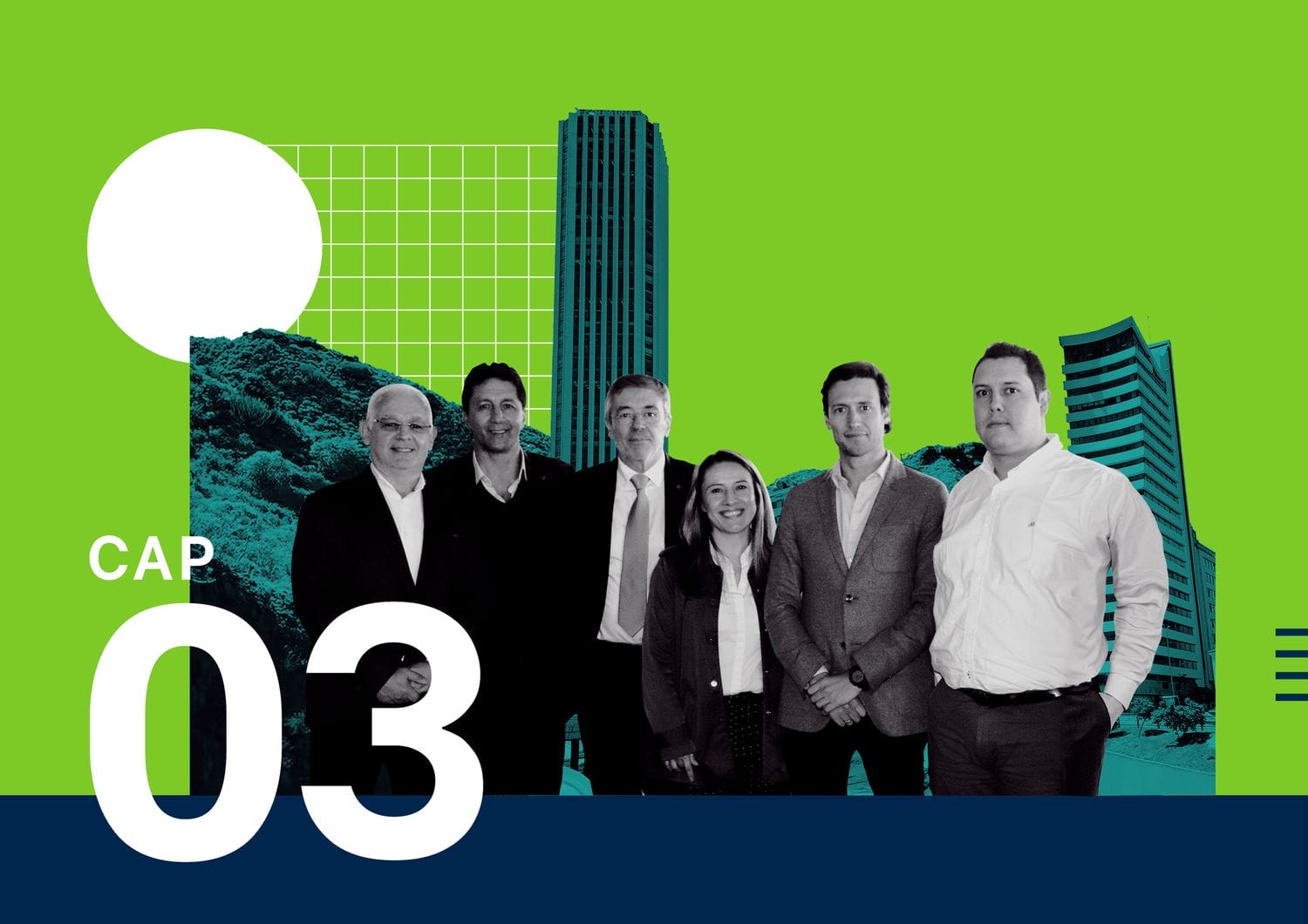 Grupo de seis profesionales de pie en un gráfico estilo collage con paisaje urbano y gráficos verdes de fondo, con la etiqueta "cap 03".