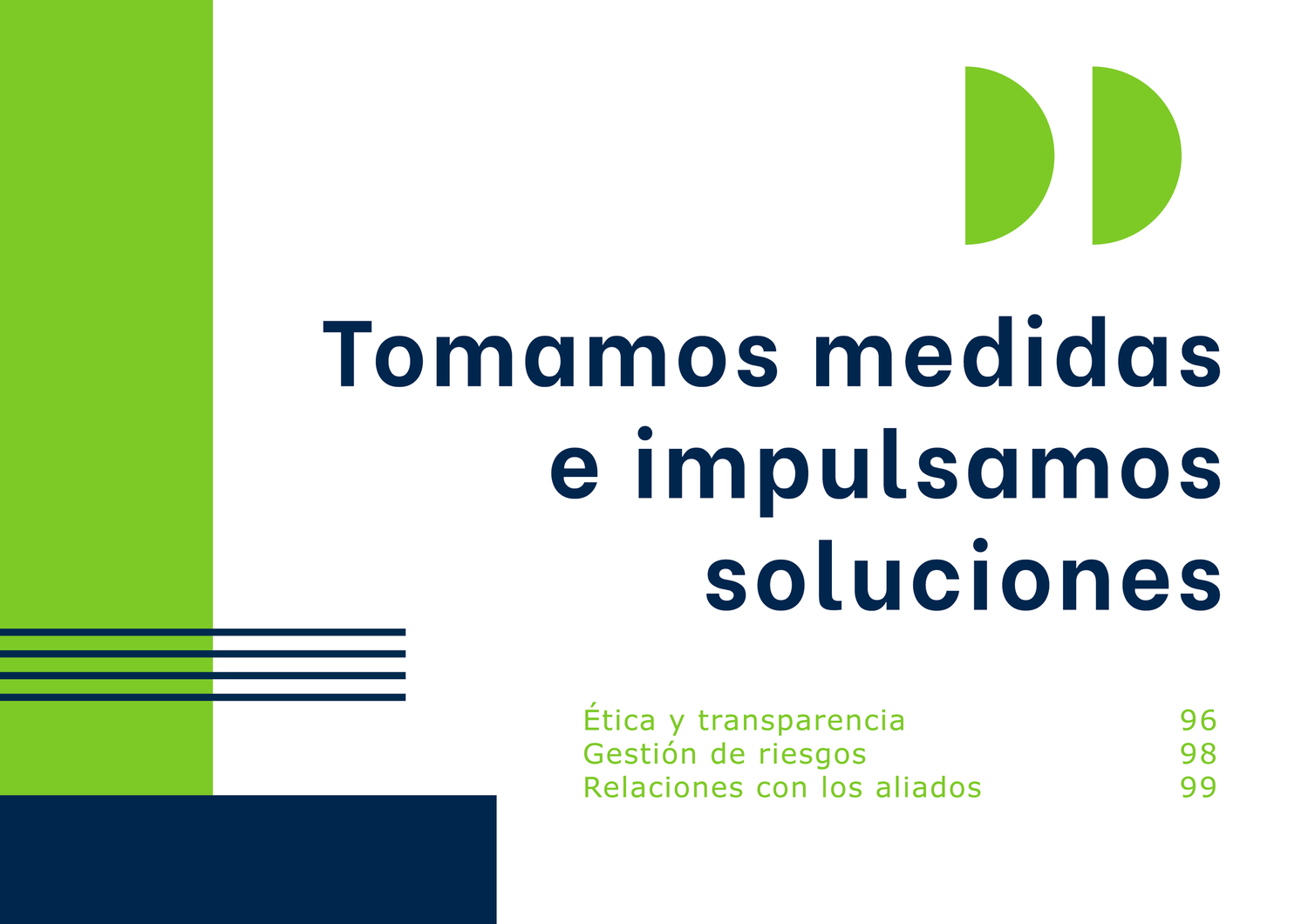 Gráfico con texto que dice "tomamos medidas e impulsamos soluciones" en azul oscuro, con barras verticales verdes y azules a la izquierda y un símbolo de cotización en verde.