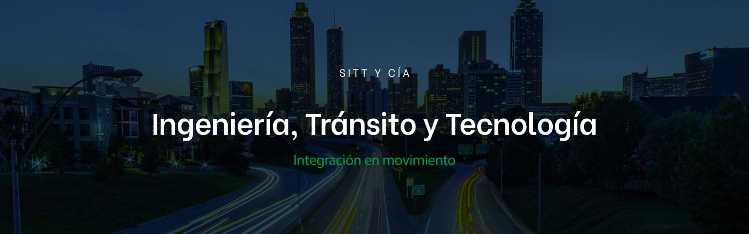 Imagen del horizonte de una ciudad al atardecer con rascacielos iluminados. El texto superpuesto en español dice "GRACIAS, tránsito y tecnología" e "integración en movimiento