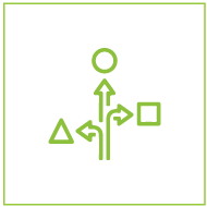 Un icono gráfico que representa a un usuario con múltiples rutas de decisión, representado por flechas que apuntan a un triángulo, un cuadrado y diferentes direcciones.