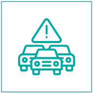 Ícono que representa una advertencia de tráfico con dos autos en colisión frontal debajo de un signo de exclamación, todo encerrado en un cuadrado con un borde verde azulado.
