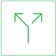 Flecha verde dividida en dos direcciones en la parte superior, indicando una bifurcación o punto de elección, sobre un fondo claro, encerrada en un borde cuadrado verde.