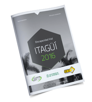 Una portada de informe inclinada titulada "discapacidad vial itagüí 2016", que presenta logotipos de sitt y la universidad de antioquia, con un diseño en escala de grises y gráficos de palmeras.