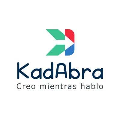 Logotipo de Kadabra que presenta una 'k' estilizada con elementos coloridos y el lema "creo mientras hablo" en español, que se traduce como "creo mientras hablo", incorporando elementos