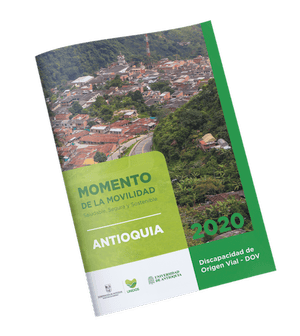 Un folleto titulado "momento de la movilidad 2020 antioquia" sobre movilidad, seguridad y sostenibilidad, que presenta una vista aérea de una ciudad densamente poblada.