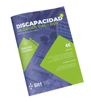 Portada de un reportaje de 2019 titulado "discapacidad de origen vial - dov" con frases clave y una vista aérea de bogotá, colombia de fondo.