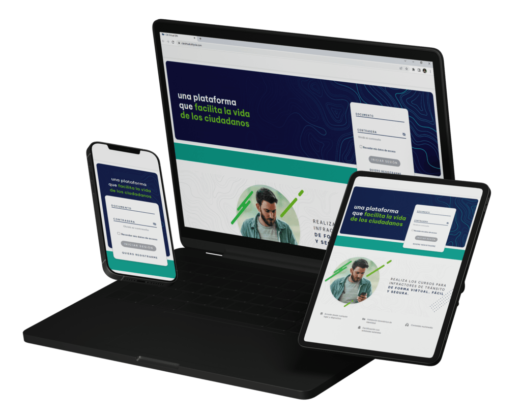 Computadora portátil, tableta y teléfono inteligente que muestran el mismo sitio web en español titulado "una plataforma que facilita la vida de los ciudadanos". Todos los dispositivos tienen un diseño gráfico en azul y blanco.