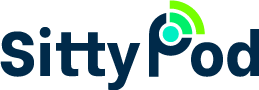 Logotipo de sittypod con texto estilizado y un ícono abstracto de señal wifi verde integrado en la letra "p".