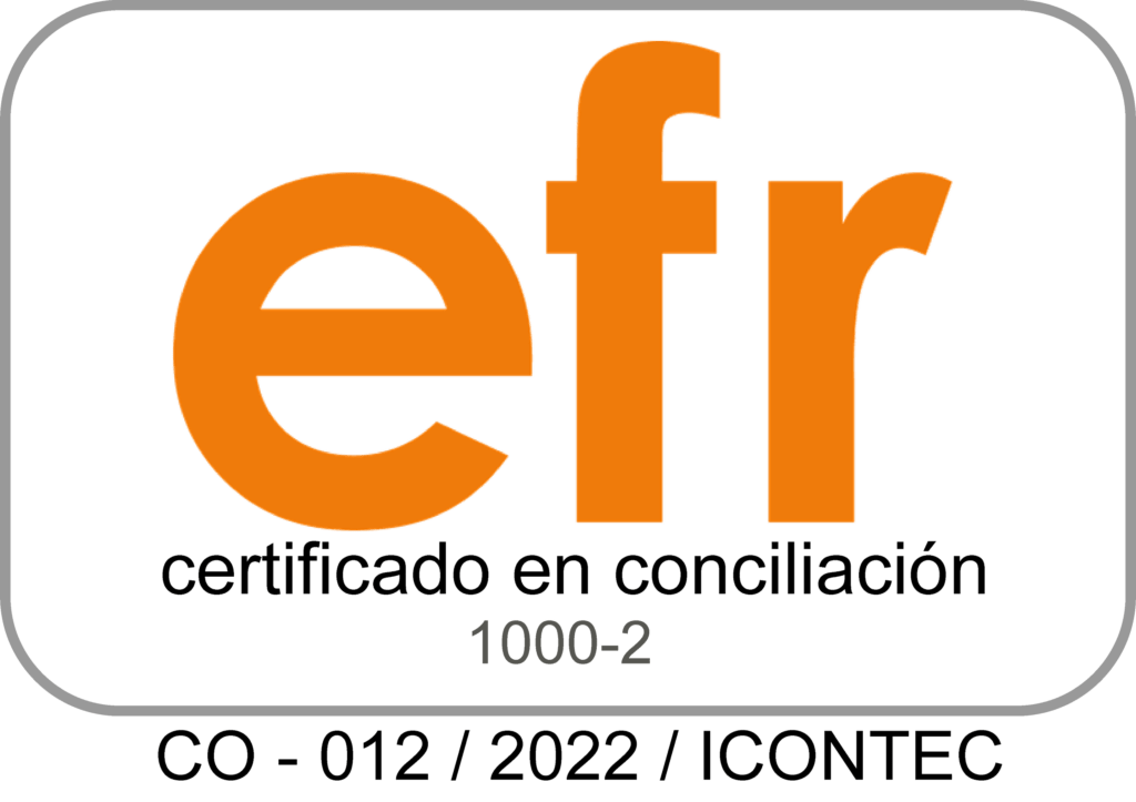 Logotipo que presenta el texto "efr" en color naranja, con la frase "certificado en conciliación 1000-2 co - 012 / 2022 / icontec" debajo.