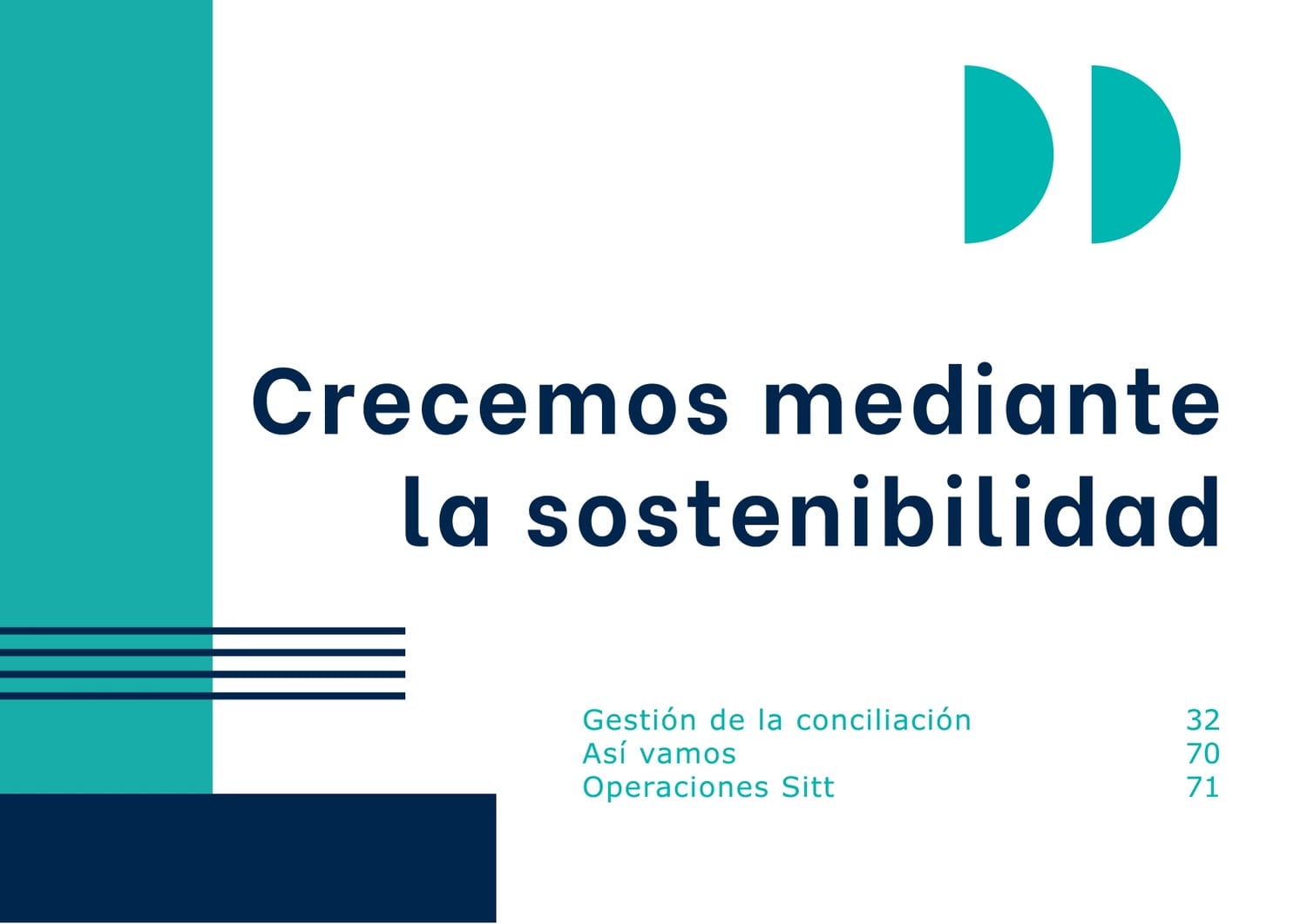 Pancarta gráfica con el texto "crecemos mediante la sostenibilidad" en negro sobre fondo blanco, con elementos de diseño en verde azulado y turquesa intenso y un logotipo con doble 'd' a la derecha.