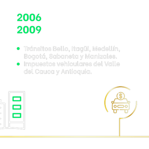 Ilustración que muestra una línea de tiempo para 2006 con viñetas sobre el tráfico en las ciudades colombianas y los impuestos a los vehículos en el valle del cauca y antioquia, junto con íconos de un archivador y un automóvil con un signo de dólar.