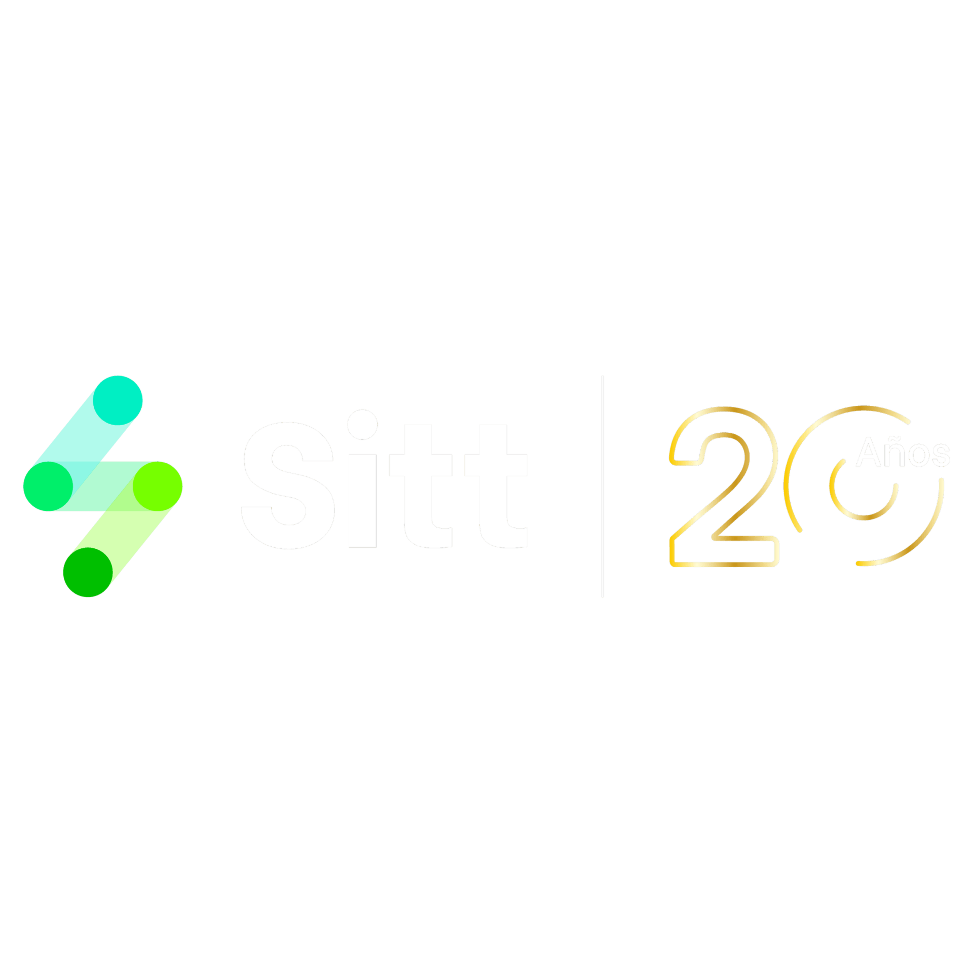 Diseño de logotipo que presenta un número 4 estilizado en verde y azul, junto a la palabra "sitt" en blanco, con "20 años" a la derecha resaltado por una pequeña línea circular amarilla.