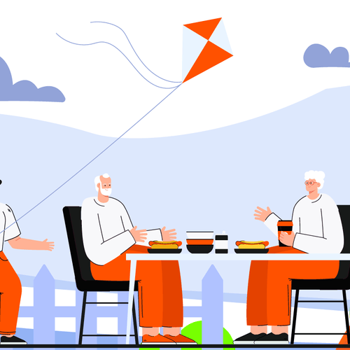 Dos hombres mayores con cabello blanco disfrutando de una comida al aire libre, uno volando una cometa, con un fondo escénico de bitacora efr.