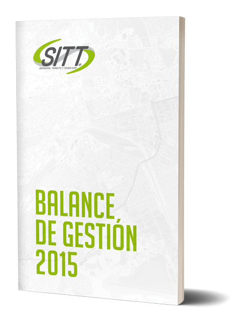 Portada del informe "balance de gestión 2015" de sitt con fondo de mapa y combinación de colores verde y blanco.