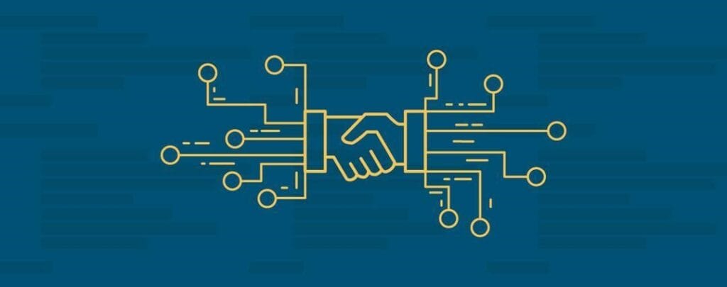 Gráfico de un apretón de manos digital integrado con líneas de circuito sobre un fondo azul, que simboliza la tecnología y la conectividad en las relaciones comerciales.
