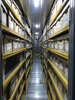Un pasillo estrecho en una sala de almacenamiento con estantes altos a ambos lados llenos de cajas de archivo etiquetadas para la gestión documental.