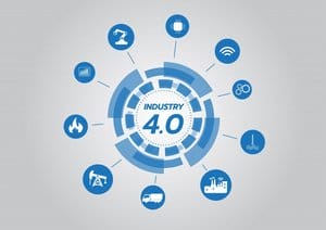 INICIO Gráfico que ilustra el concepto de industria 4.0 con íconos que representan robótica, inteligencia artificial, iot y automatización rodeando un engranaje central con la etiqueta "industria 4.0" sobre un fondo gris.