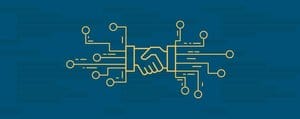 Ilustración digital de un apretón de manos integrado con patrones de circuitos sobre un fondo azul, que simboliza la tecnología y la asociación.