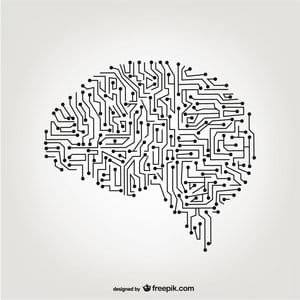 Ilustración de un cerebro con forma de placa de circuito sobre un fondo gris, que simboliza el concepto de inteligencia digital o artificial.
