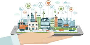 Una mano que sostiene un teléfono inteligente que muestra una ciudad inteligente con íconos que representan diversas tecnologías urbanas como el transporte y la energía.