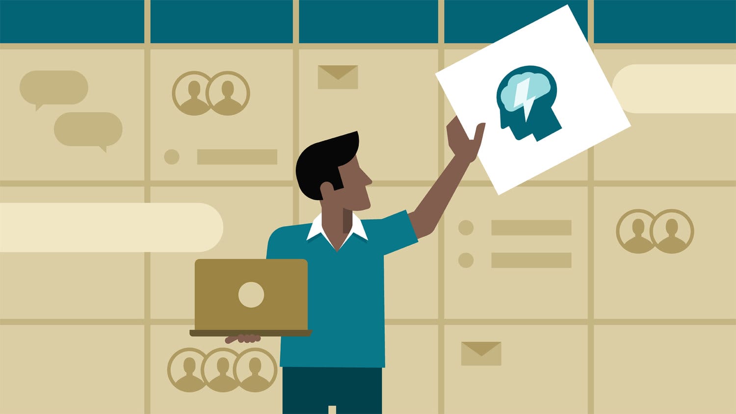 Un hombre que sostiene una computadora portátil presenta un cartel con el símbolo de una bombilla en una habitación con taquillas y diagramas circulares en la pared.