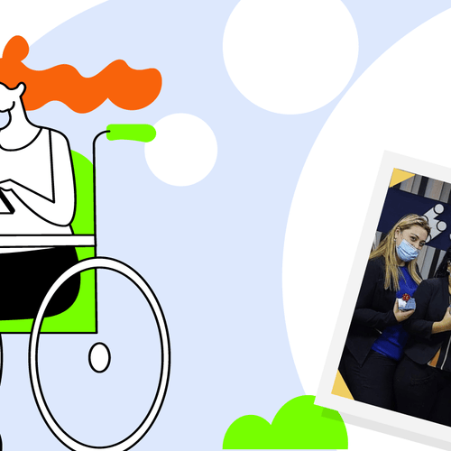 Ilustración de una persona estilizada en silla de ruedas con una foto de una mujer real con una máscara sosteniendo materiales de arte, enmarcada por formas abstractas. Esta imagen es parte del Bitacora efr