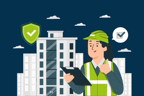 Ilustración de un trabajador de la construcción con un chaleco de seguridad verde y casco, sosteniendo un portapapeles y levantando el pulgar, con fondo de paisaje urbano e íconos de seguridad.