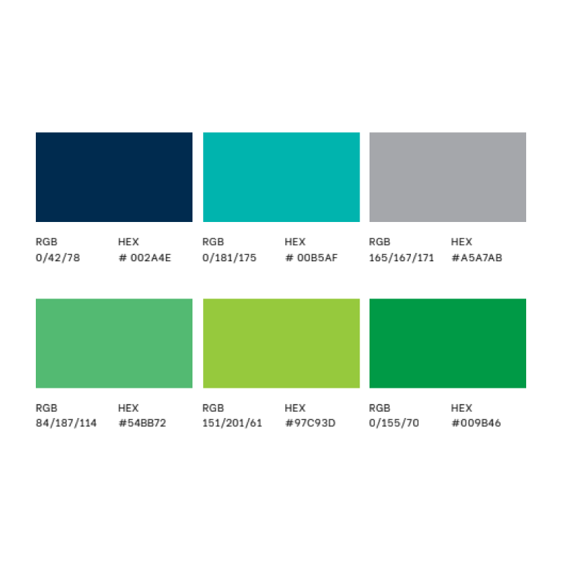 Gráfico que muestra una paleta de seis colores con sus correspondientes códigos RGB y hexadecimal, que van desde tonos azules hasta verdes. Cada color está identificado como un material de marca.