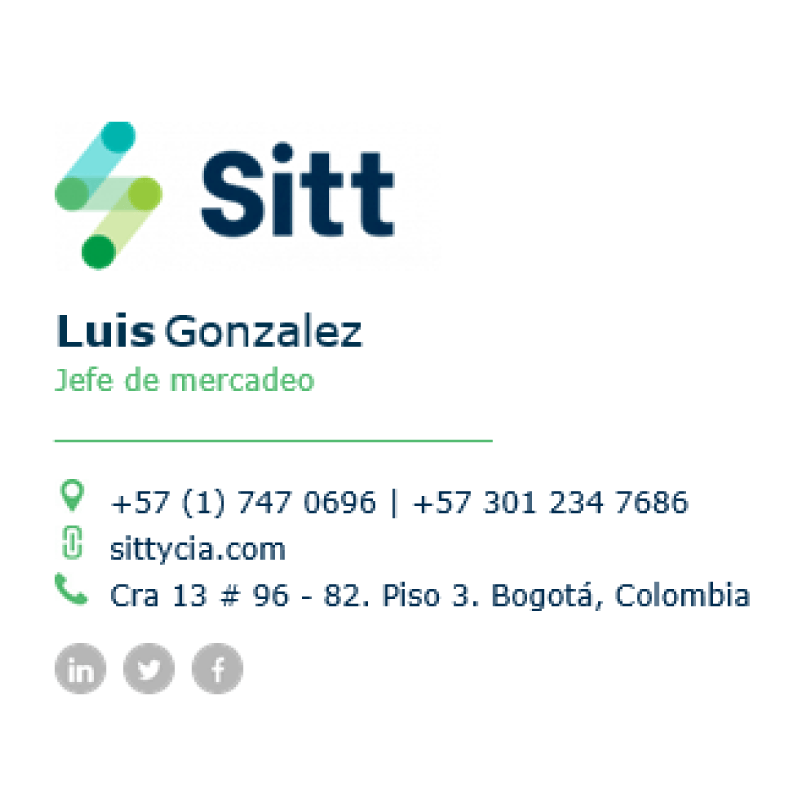 Logo de la marca "sitt" con texto que muestra el nombre Luis González, título "Jefe de Mercadeo", detalles de contacto e íconos de redes sociales, sobre un fondo