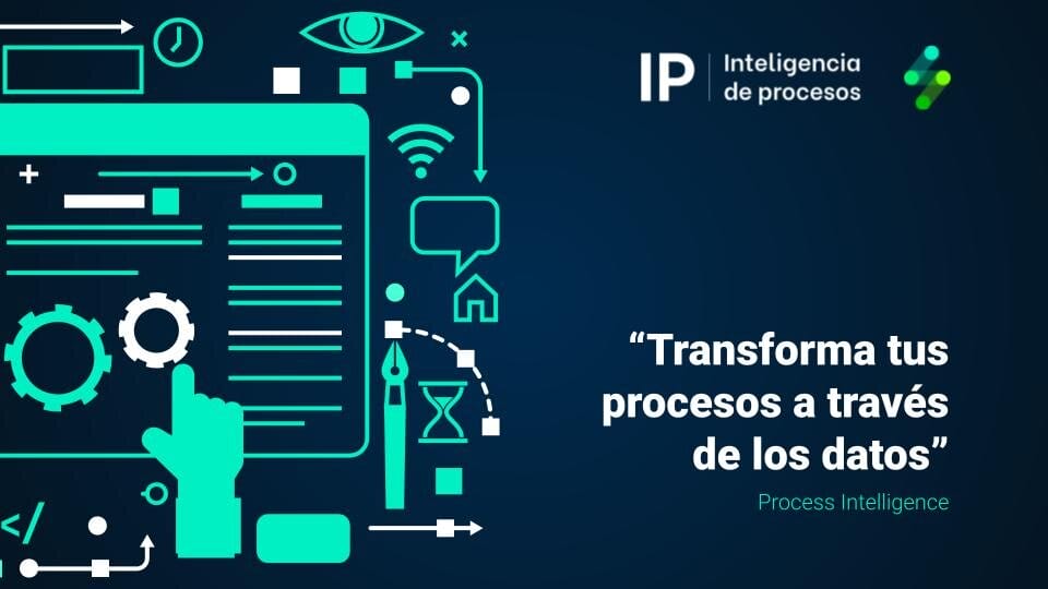 Mercadeo Gráfico que ilustra la inteligencia de procesos, con íconos digitales como engranajes y wifi, con una mano interactuando con una pantalla táctil y texto en español sobre la transformación de procesos a través de datos y estrategias de mercadeo.