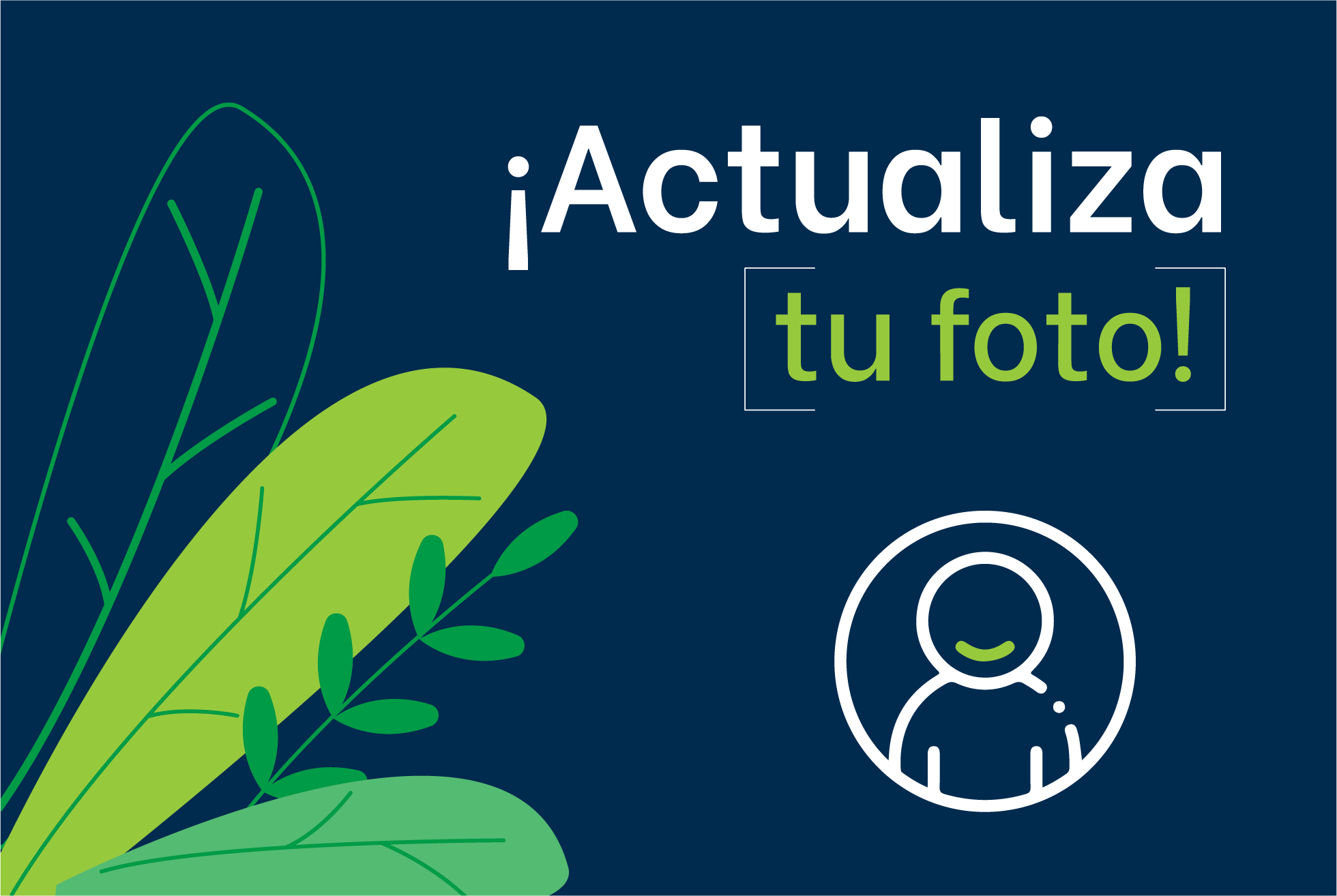 Mercadeo Gráfico con texto "¡actualiza tu foto!" en blanco sobre un fondo azul oscuro, con hojas verdes estilizadas y un ícono de una persona dentro de una lupa con fines de marketing.