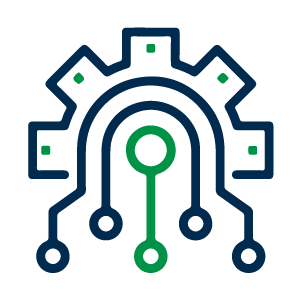 Ícono azul y verde que representa una placa de circuito estilizada en forma de engranaje con conexiones y nodos.