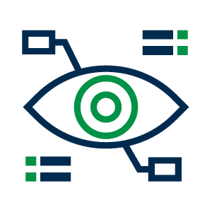 Ícono gráfico de un ojo, estilizado con elementos digitales y círculos concéntricos, en tonos azules y verdes.