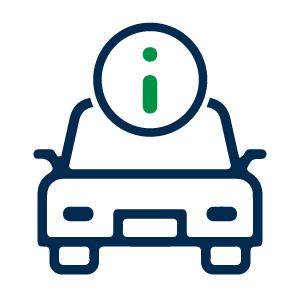 Ícono de un automóvil con un símbolo de información en la parte superior, que sugiere atención al cliente o servicios de información para problemas automotrices.